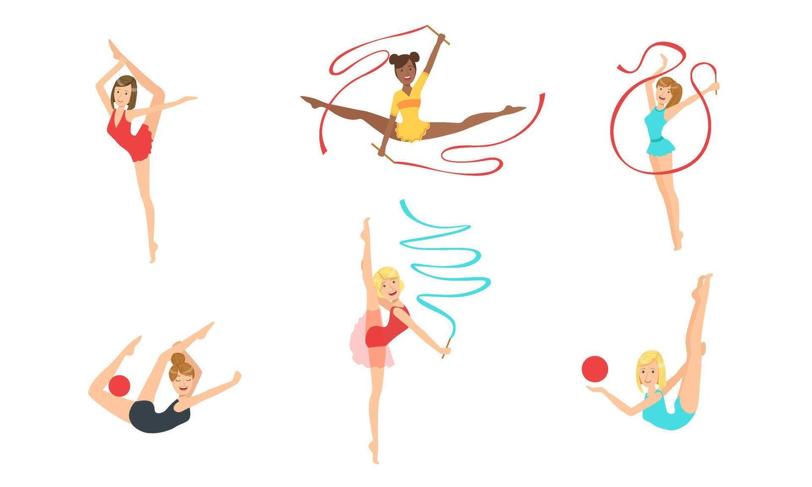 Colection of Gymnast Women Performing Rhythmic Gymnastics Elements with Balls and Ribbons Illustration vector
