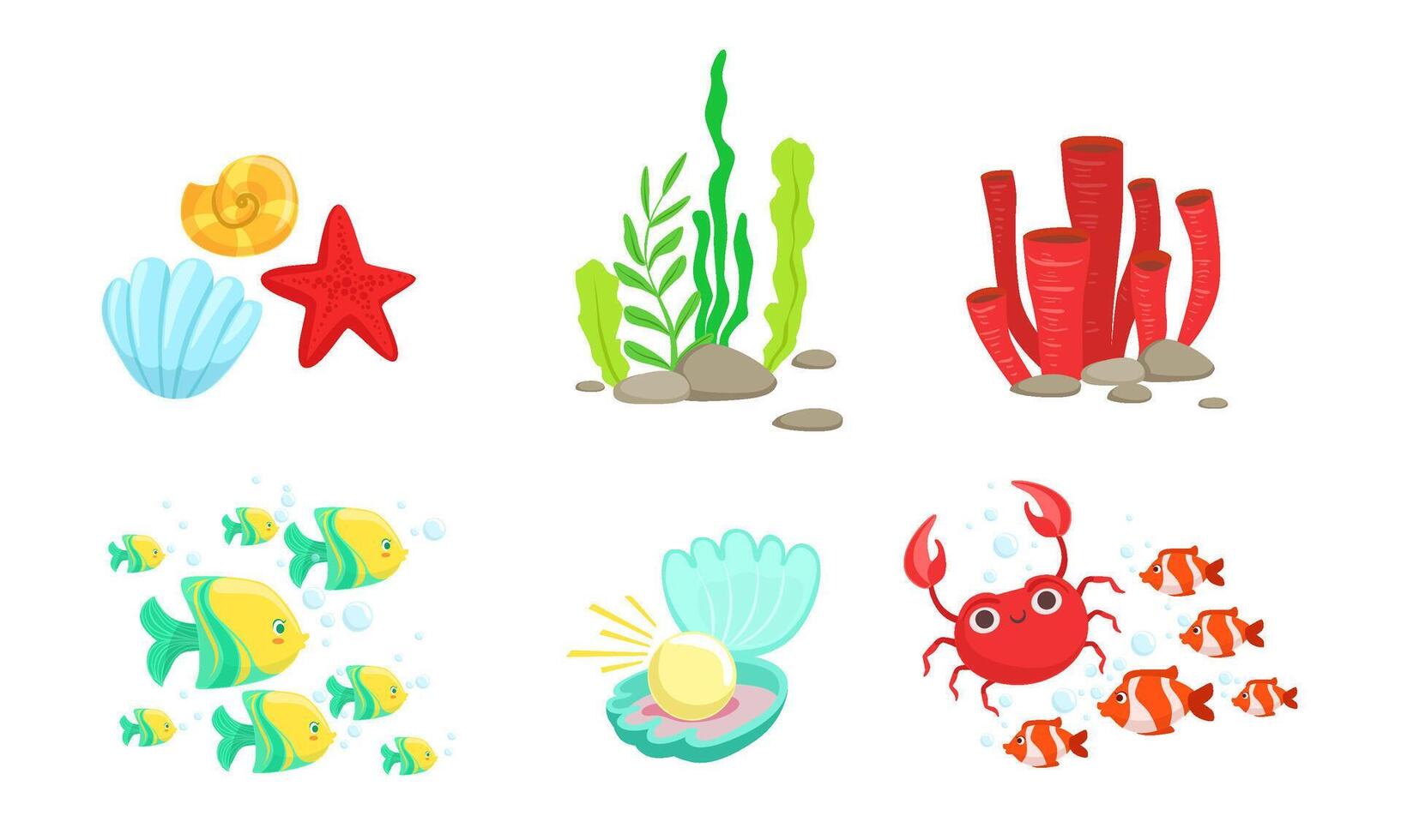 Underwater World Elements Set, Tropical Fishes, Algae, Corals, Crabs, Sea Shell Illustration vector