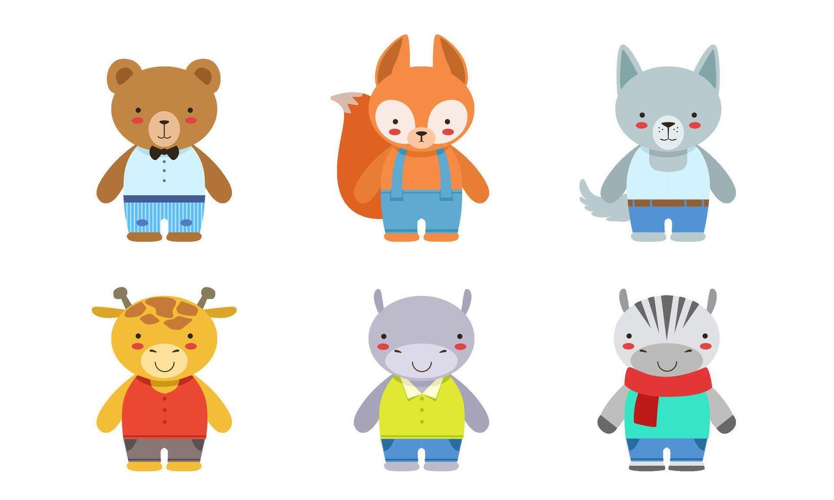 Cute Baby Animals Set, Bear, Fox, Wolf, Giraffe, Hippo, Zebra, Rabbit Illustration vector