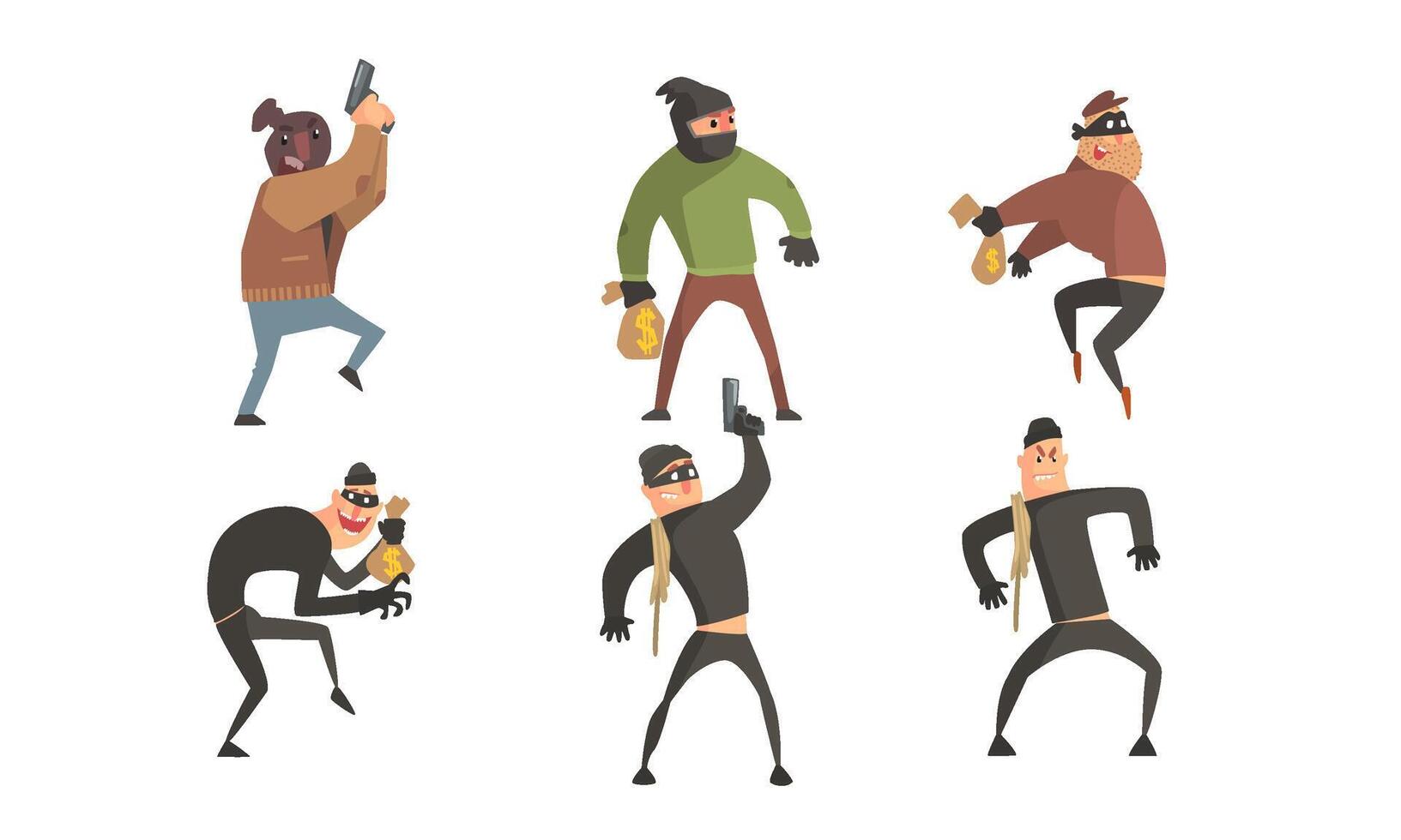 Criminals Characters Set, Masked Robbers Holding Guns and Money Sacks Illustration vector