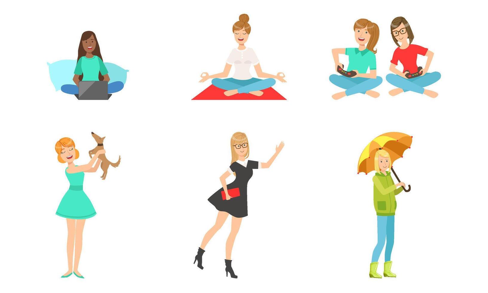 Young Women Daily Routines Set, Girls Working with Laptop, Meditating, Playing Computer Games, Playing with Dog, Working with Umbrella Illustration vector