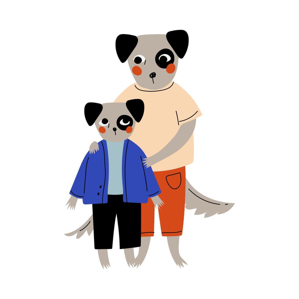 Father Dog and his Puppy Kid Standing Together, Loving Parent Animal and Adorable Child Humanized Characters Illustration vector