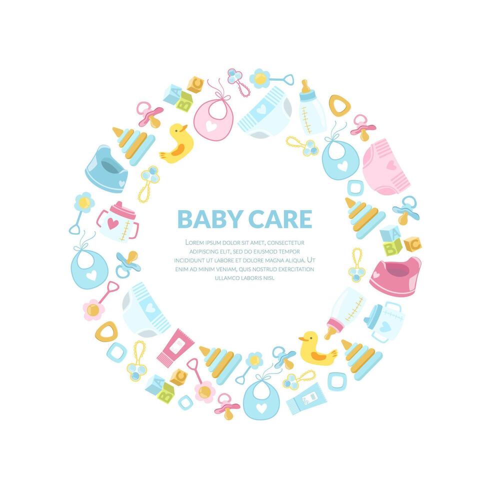 Baby Care Banner Template, Round Frame with Newborn Accessories and Place for Text Illustration vector