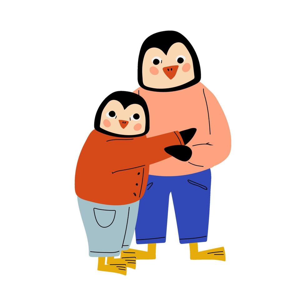 Father Penguin and his Kid Hugging, Loving Parent Animal and Adorable Child Humanized Characters Illustration vector