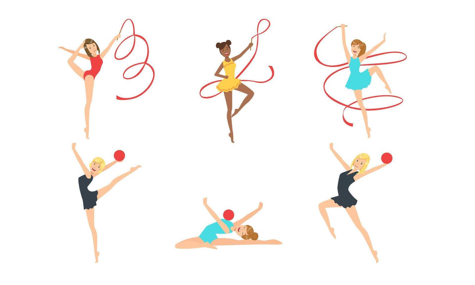 Colection of Gymnast Girls in Leotards Performing Rhythmic Gymnastics Elements with Balls and Ribbons Illustration vector