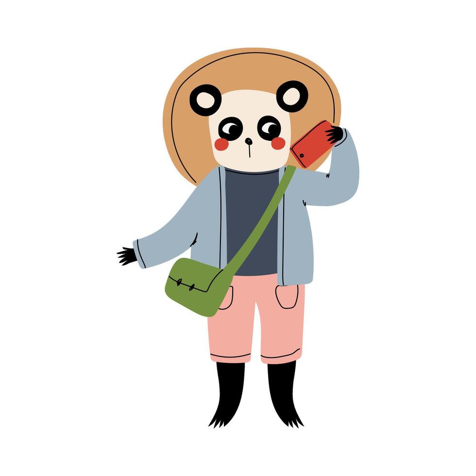 Cute Panda Bear Tourist Making Selfie with Smartphone, Funny Humanized Animal Cartoon Character on Vacation Illustration vector