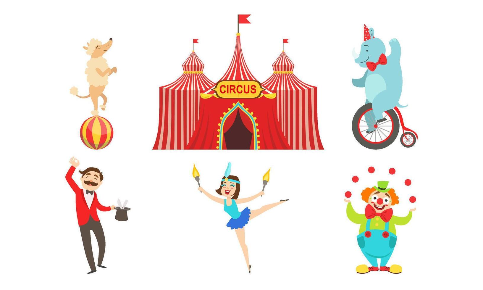 Circus Performers Characters Set, Marquee, Magician, Acrobat, Clown, Circus Animals, Horse, Poodle Dog, Elephant Illustration vector