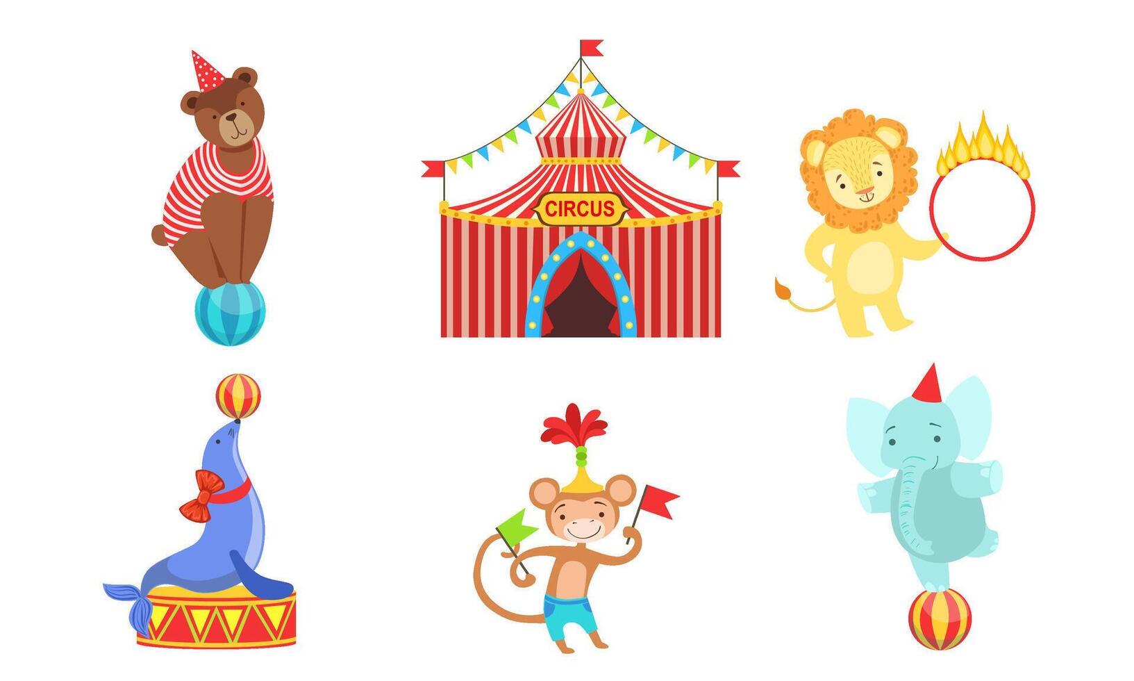 Circus Performers Characters Set, Marquee, Circus Animals, Lion, Bear, Monkey, Elephant Illustration vector