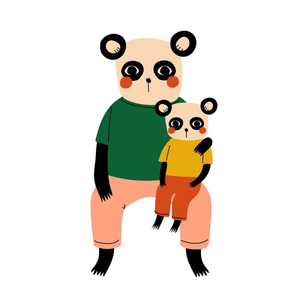 Father Panda and his Kid, Loving Parent Animal and Adorable Child Humanized Characters Illustration vector