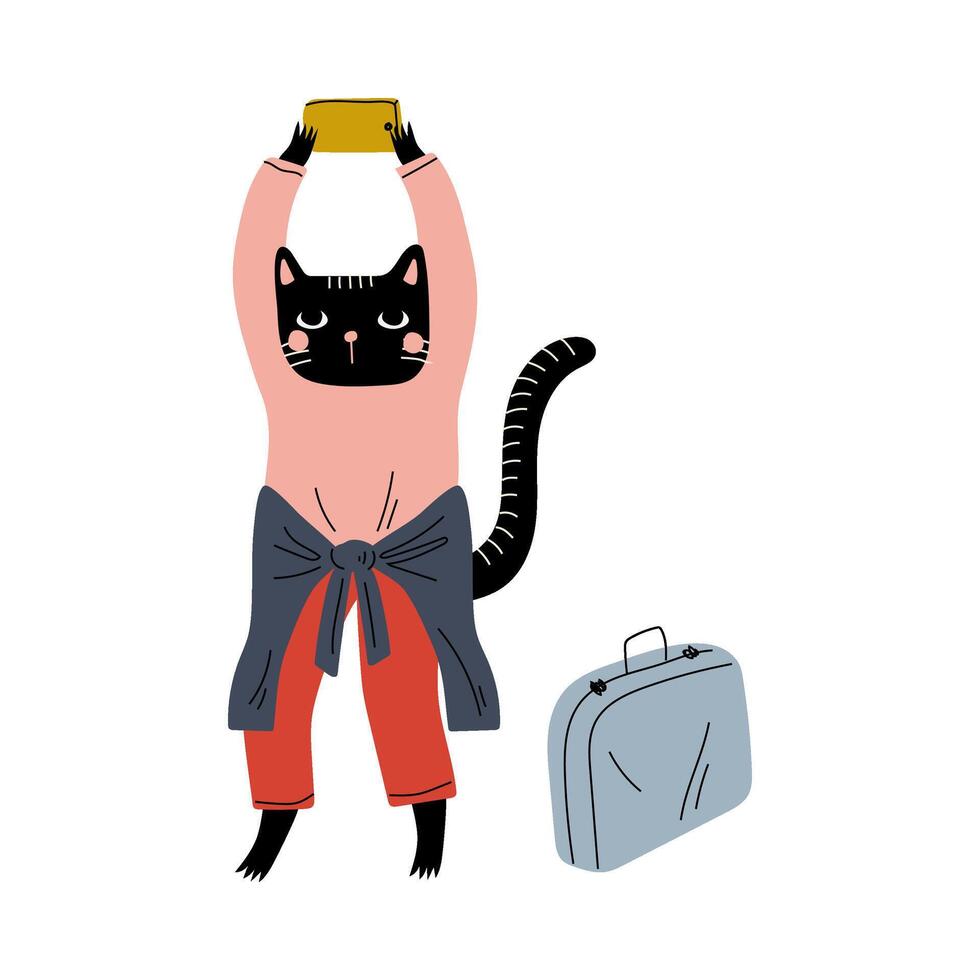 Cute Black Cat Tourist with Suitcase Photographingwith Smartphone, Funny Humanized Animal Cartoon Character with Luggage Going on Vacation Illustration vector