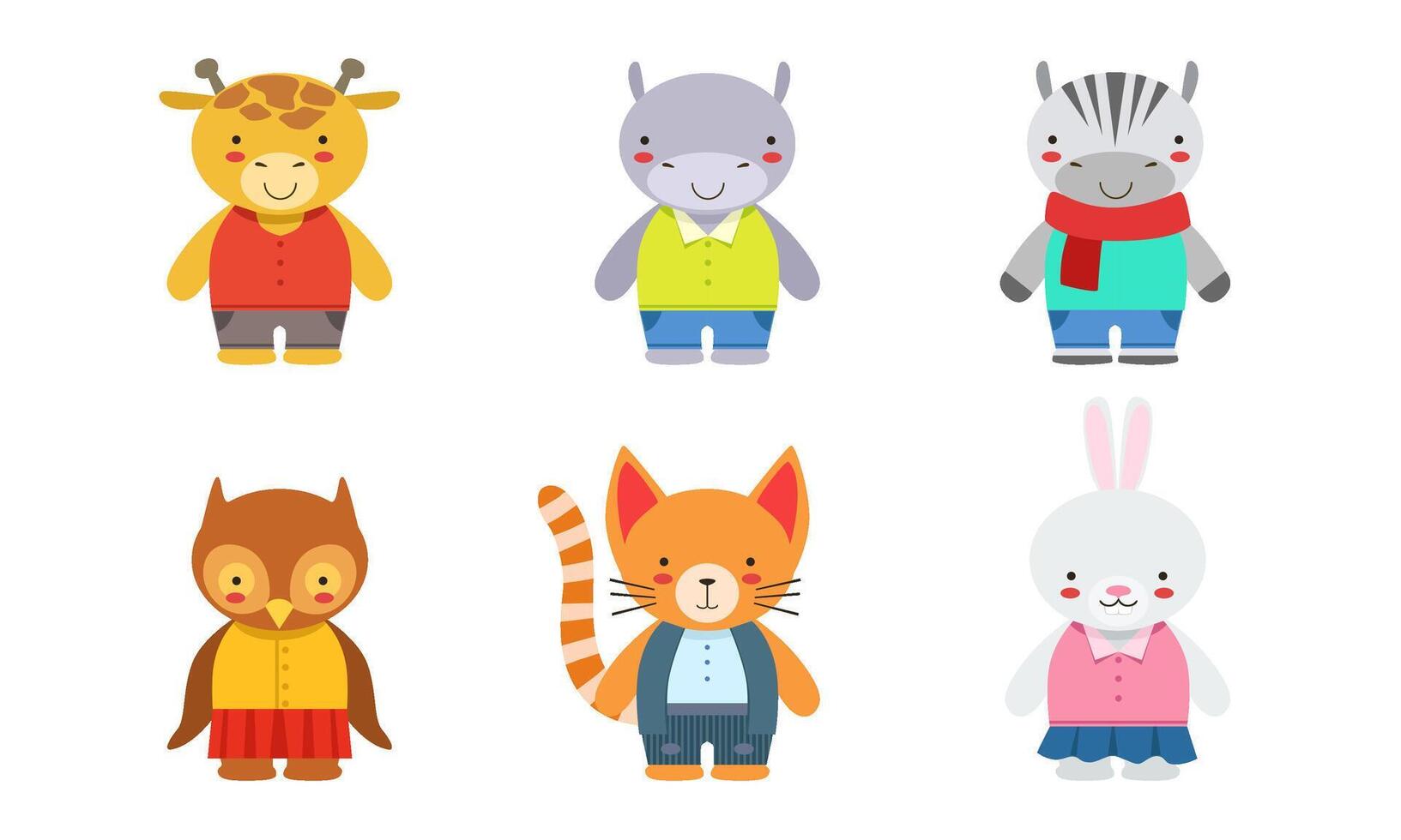Cute Baby Animals Set, Giraffe, Hippo, Zebra, Owlet, Kitten, Bunny Illustration vector