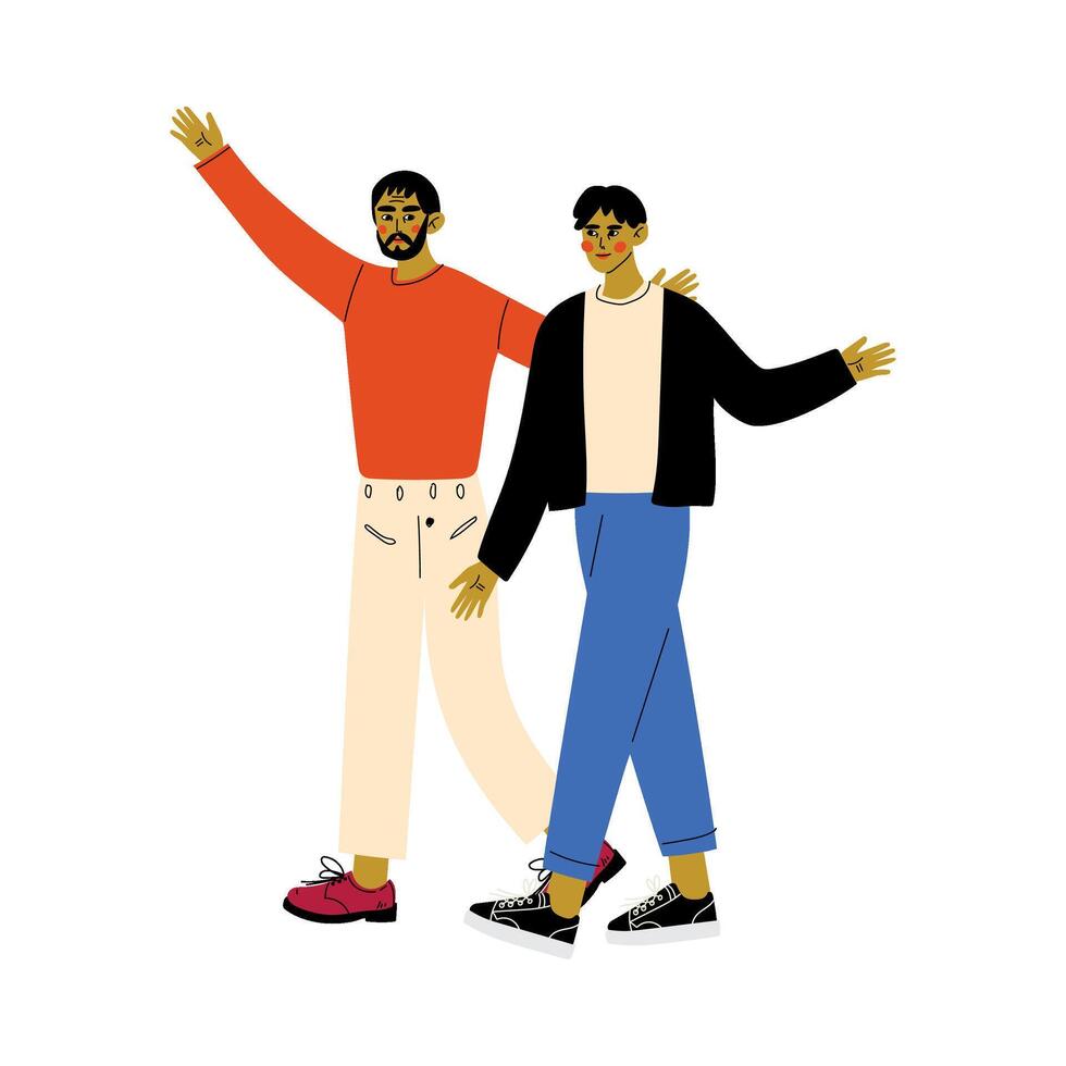 Father and His Adult Son, Dad Hugging His Son while They Walking, Happy Family Concept Illustration vector