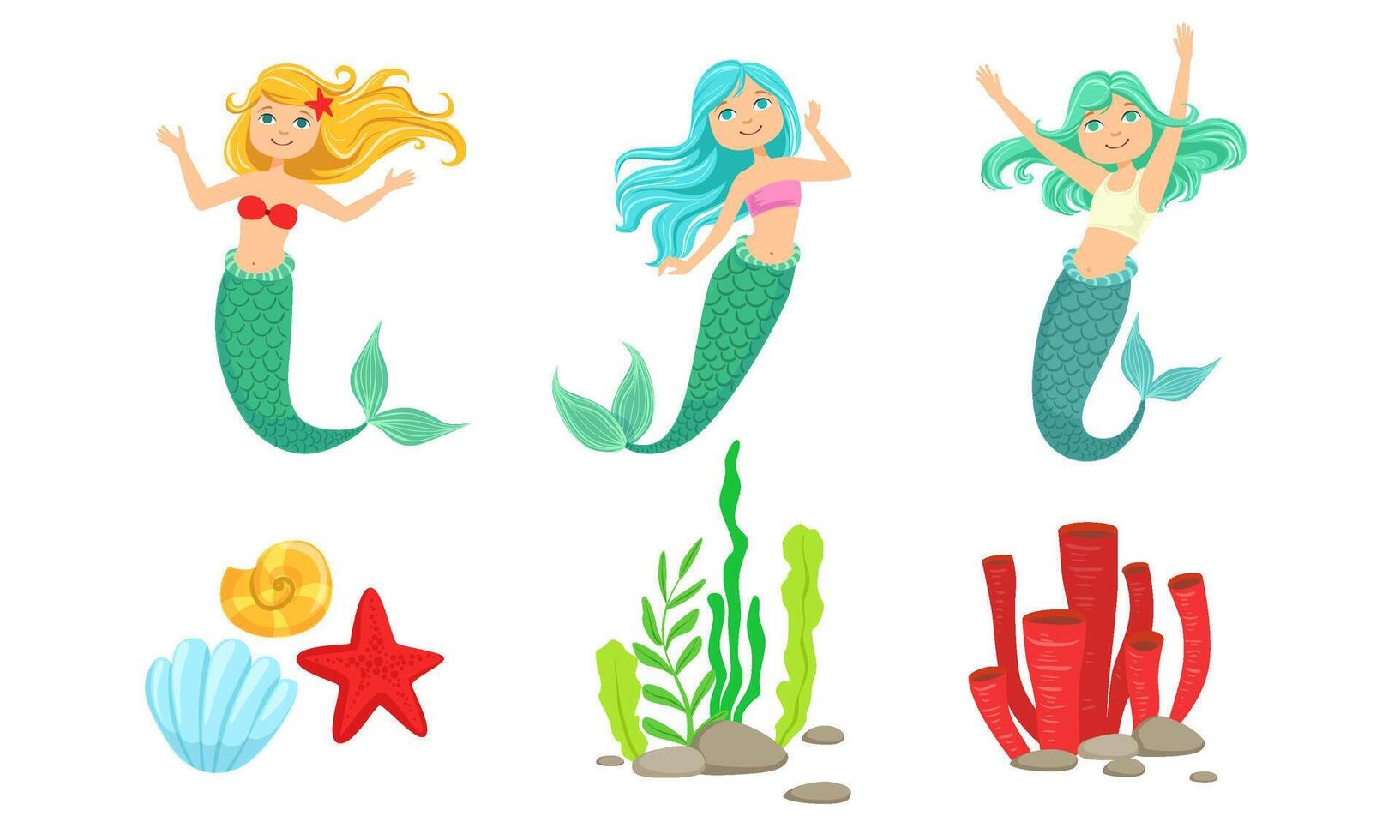 Cute Little Mermaids and Underwater World Elements Set, Fairytale Princess, Algae, Corals, Sea Shells Illustration vector