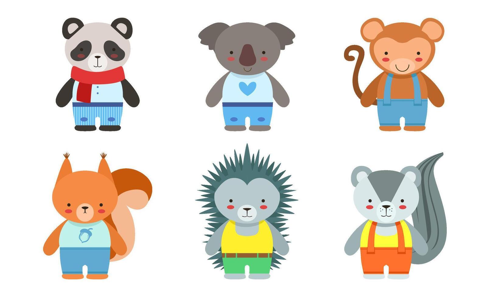 Cute Baby Animals Set, Panda, Koala, Monkey, Fox, Hedgehog, Badger Illustration vector