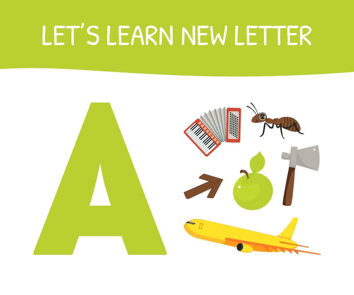 Lets Learn New Letter A, Educational Game for Preschool Kids, Accordion, Ant, Arrow, Apple, Axe, Airplane Illustration vector