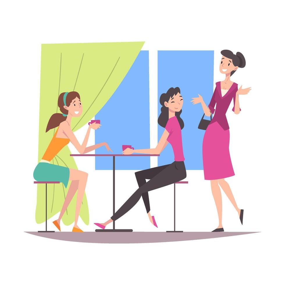 Beautiful Girls Dressed in Trendy Clothes Sitting in Cafe and Talking to Each Other, Group of Girlfriends, Female Friendship Illustration vector
