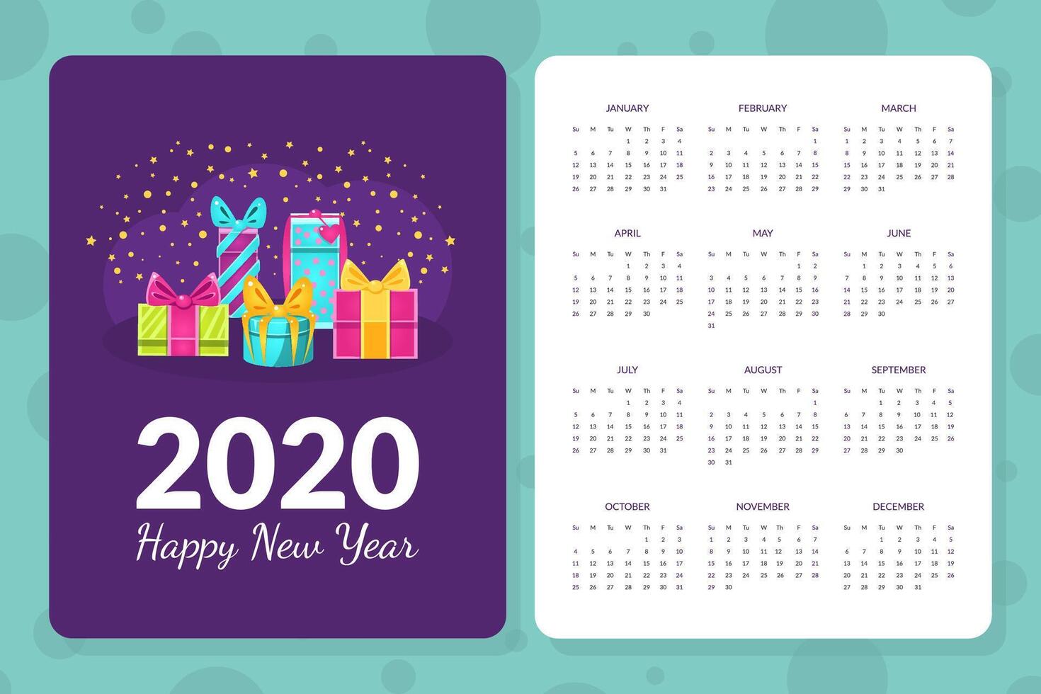 Calendar 2020, Happy New Year Monthly Calendar with Gift Boxes, Holiday Sale Advertisement Illustration vector