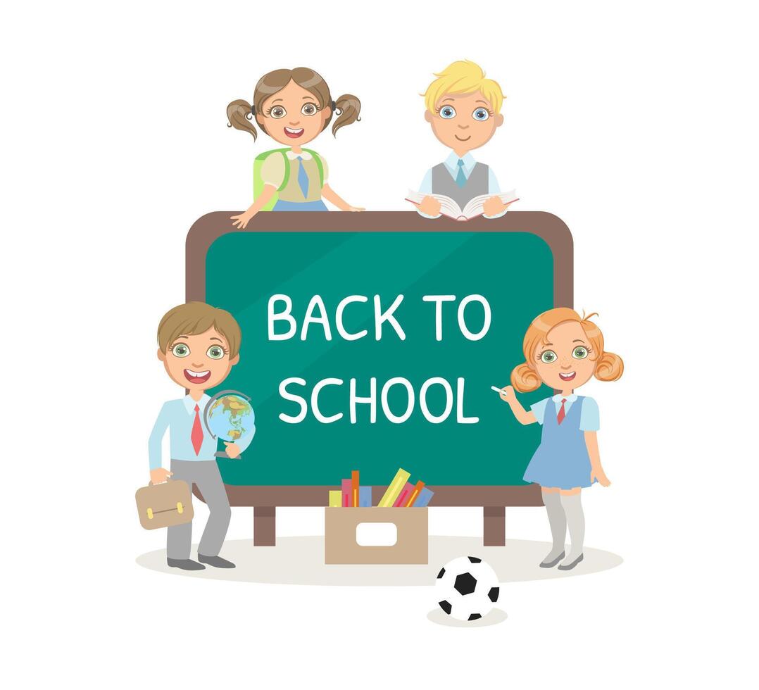 Back to School Text Drawing by Chalk on Blackboard, Banner Template with Cute KIds in Uniform Illustration vector