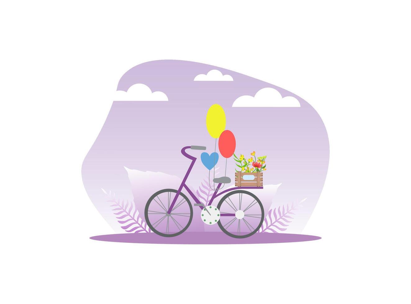 Bicycle with Wooden Crate of Flowers and Balloons on Spring or Summer Background Illustration vector