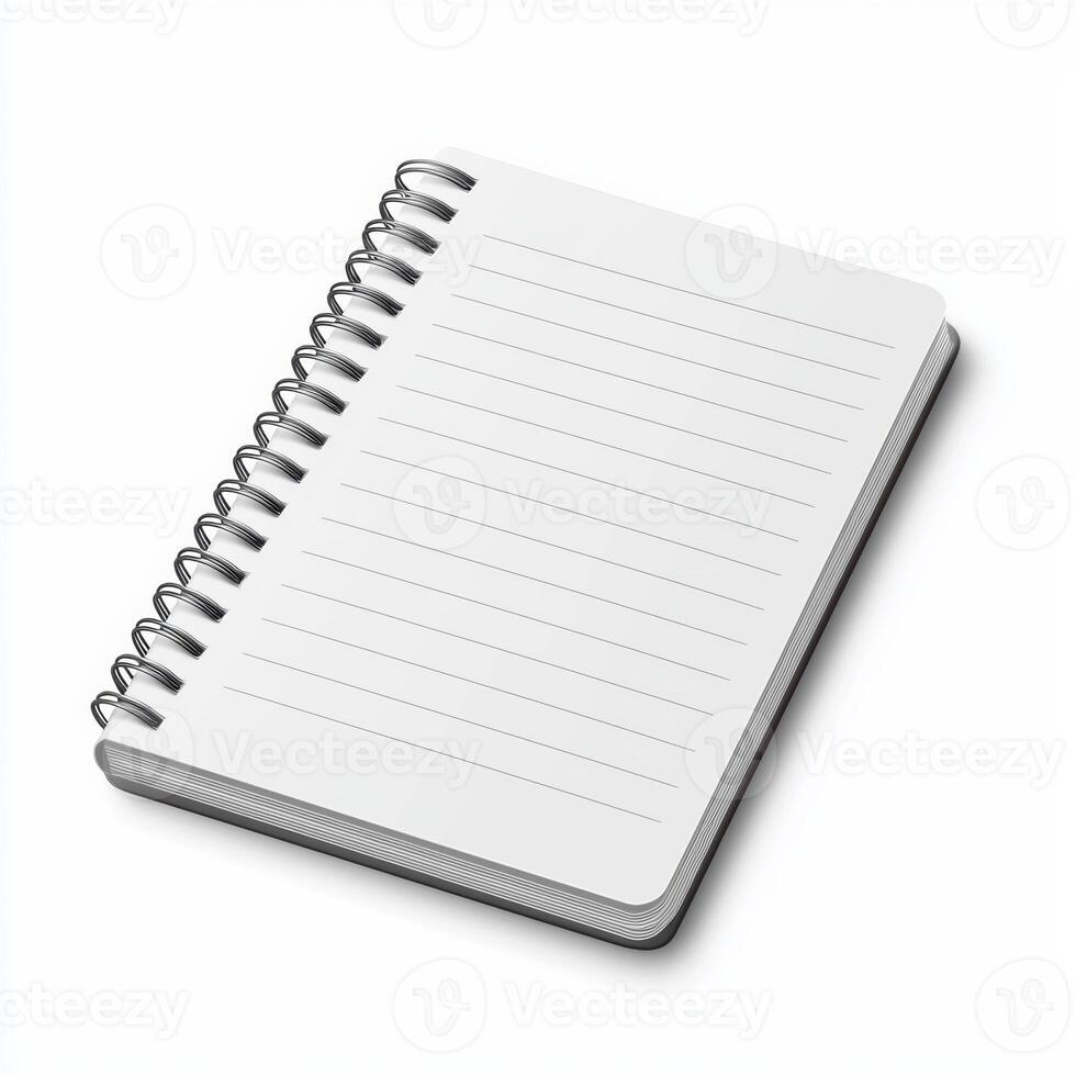 Spiral bound blank notebook with lined pages for writing and note-taking on white background photo