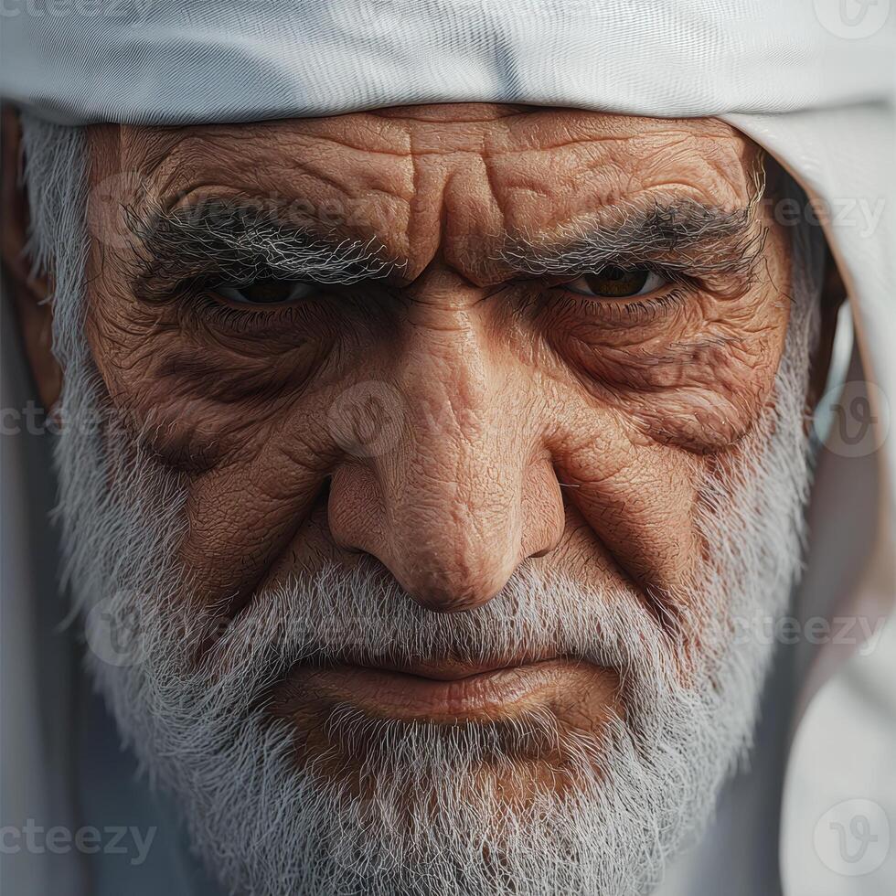 Close-up portrait of an elderly middle-eastern man with traditional headscarf photo
