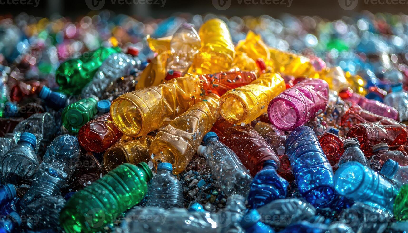 Pile of multicolored plastic bottles highlighting global waste pollution issue photo
