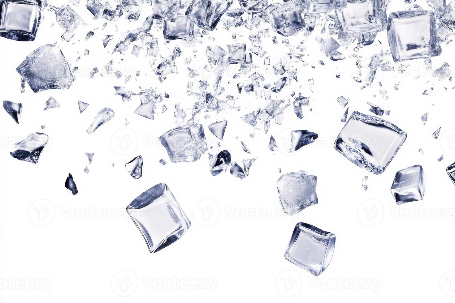 Falling ice cubes shattering on white background with crystals and water drops photo