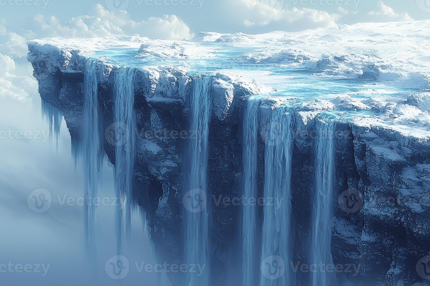 Majestic frozen waterfalls cascading from snowy cliff in icy landscape photo