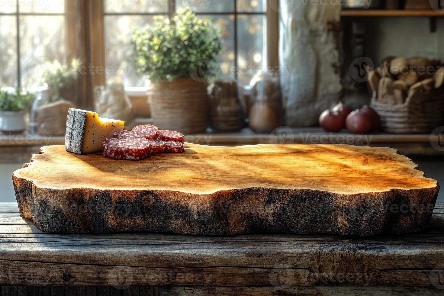 Rustic wooden cutting board with cheese and salami in sunlit kitchen setting photo