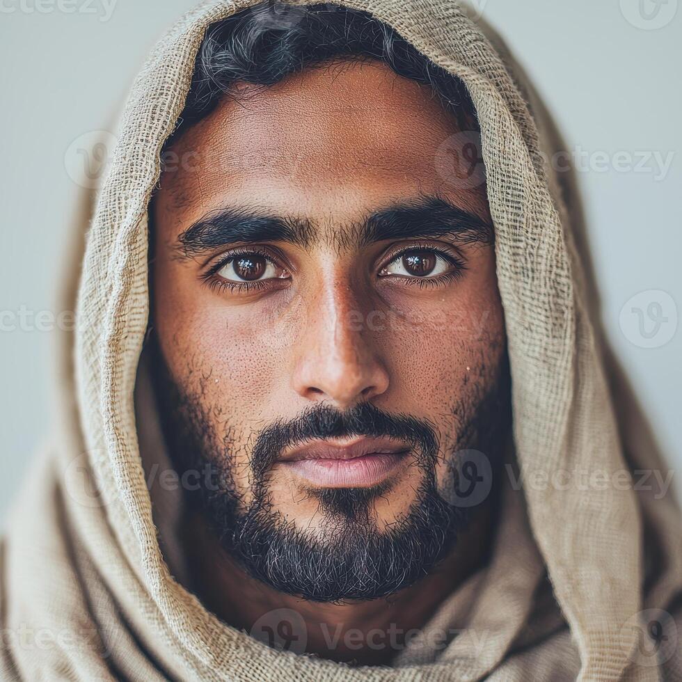 Portrait of a bearded man in traditional attire with intense gaze reflecting cultural heritage photo