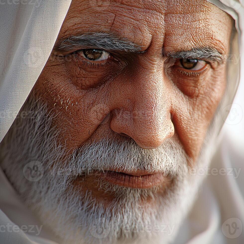 Intense portrait of a bearded elderly middle eastern man wearing traditional attire photo