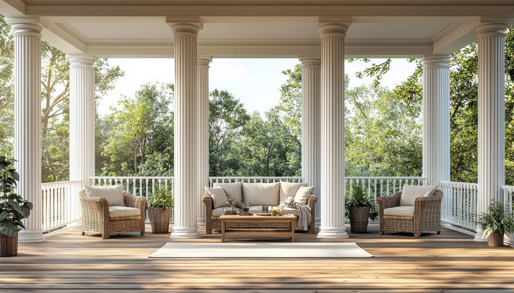 Elegant outdoor patio with classic columns and wicker furniture in a serene garden setting photo