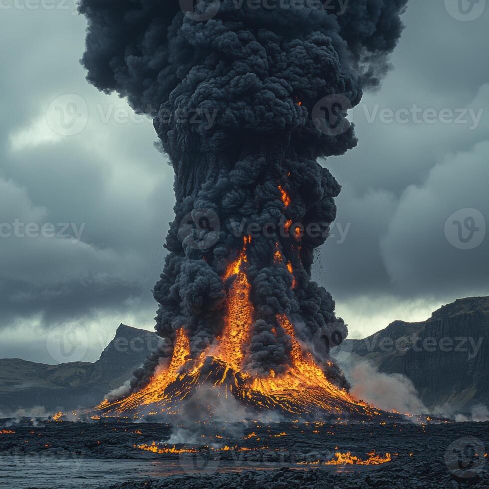 Dramatic volcanic eruption with lava flow and thick smoke in rugged landscape photo