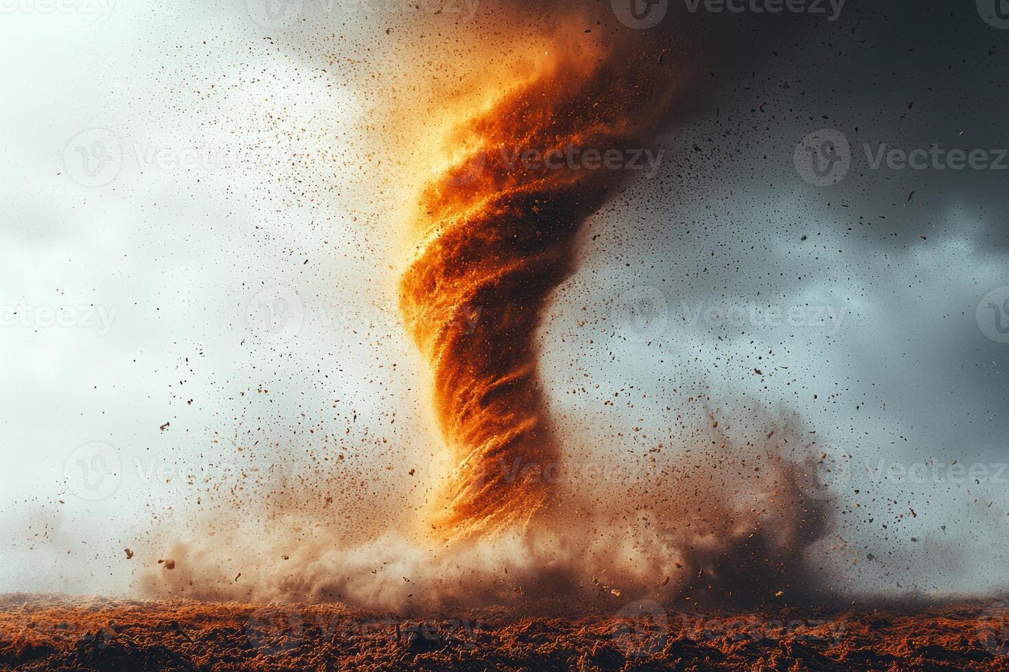 Dynamic tornado twisting over dusty ground with dark stormy sky in background photo