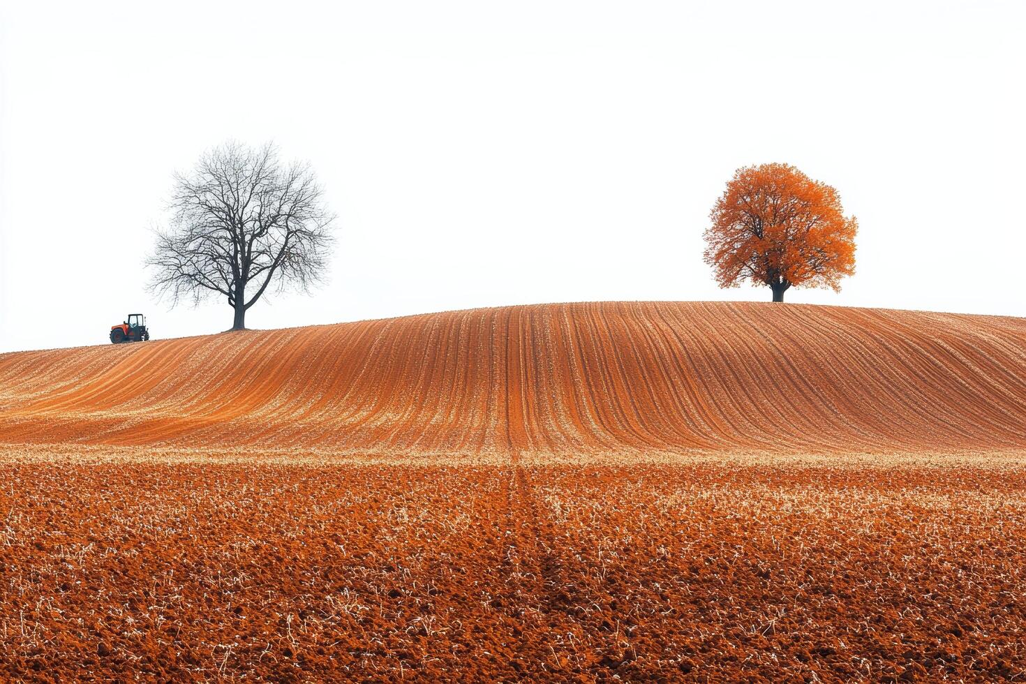 Autumn landscape with orange tree and tractor on plowed field hill scenery photo