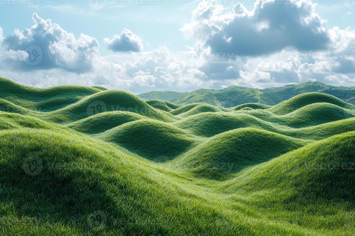 Lush green rolling hills landscape with blue sky and clouds in a serene countryside photo