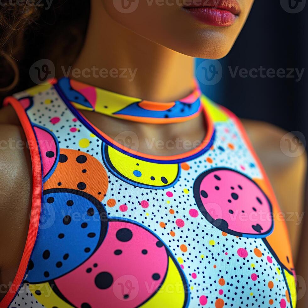 Colorful geometric patterned dress with female figure in vibrant close-up view photo