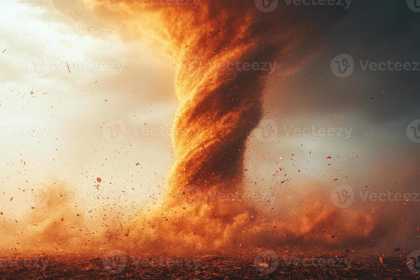 Powerful tornado with swirling dust and debris in an open field captures nature's fury photo