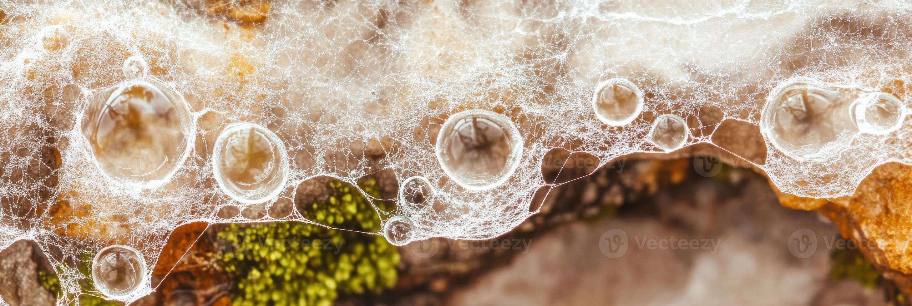 Close-up of dew drops on spider web with reflections on mossy ground photo