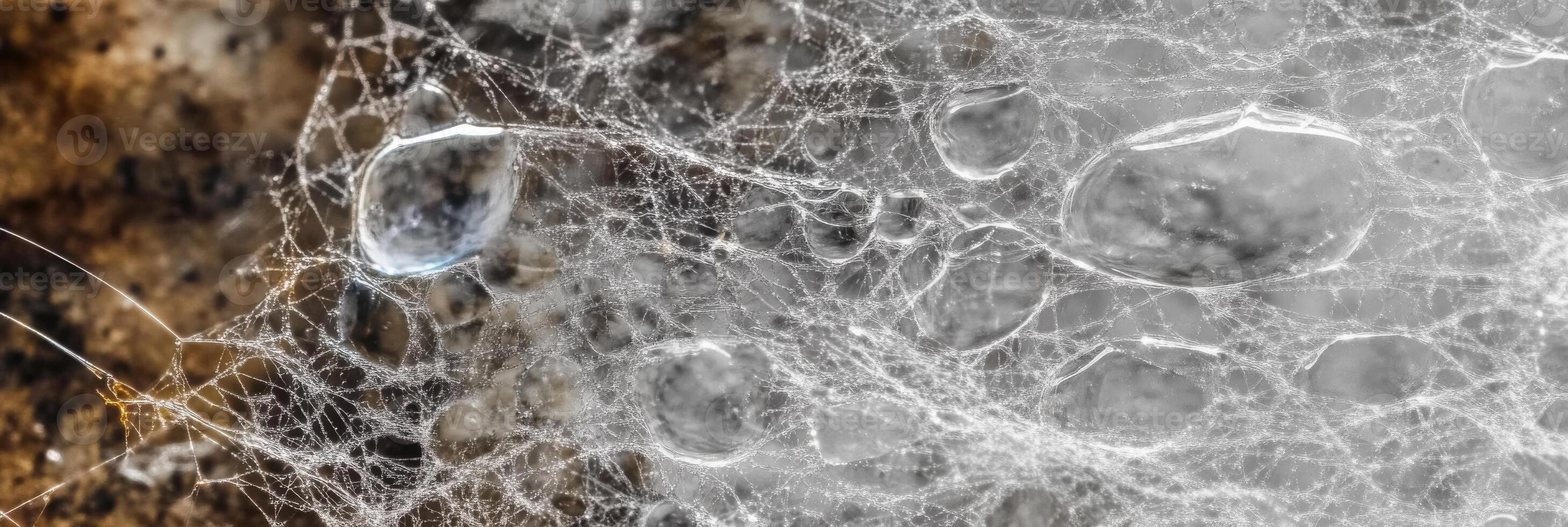 Dew drops on delicate spider web in natural environment with soft focus photo
