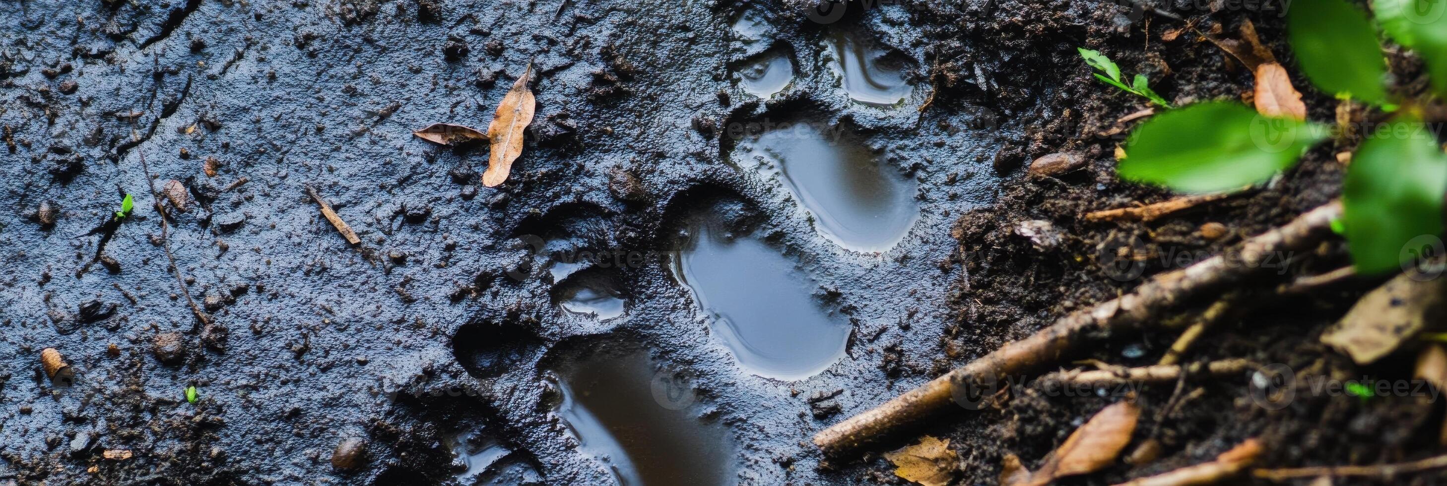 Animal footprints in mud showing wildlife tracking in forest environment photo