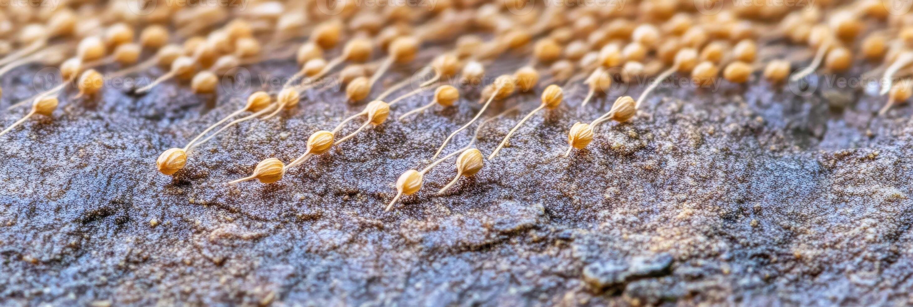 Close-up view of small fungi sporangia on decayed log in natural forest setting photo