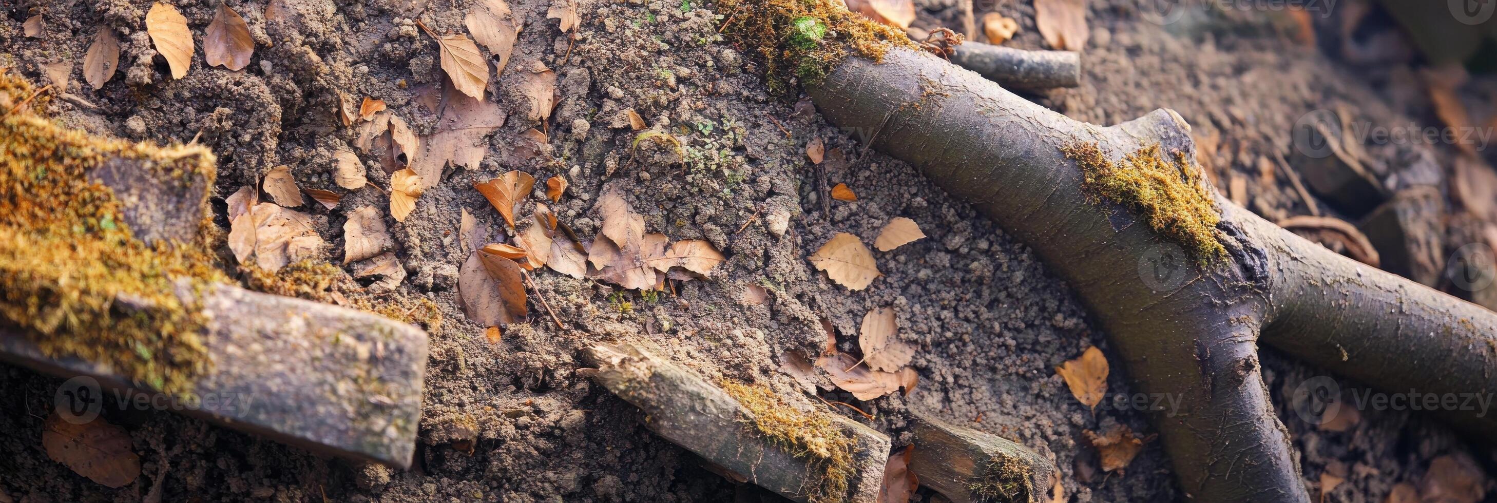Fallen leaves and moss-covered tree roots on forest floor background photo