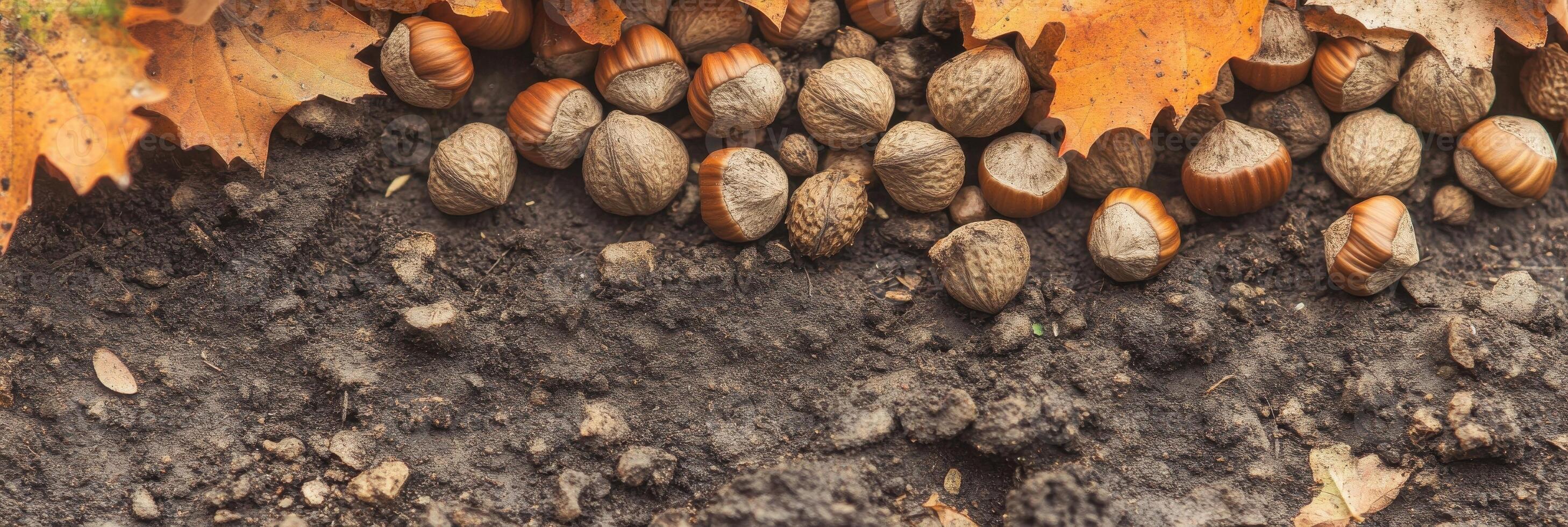 Autumn acorns and leaves resting on soil, symbolizing fall harvest mood photo