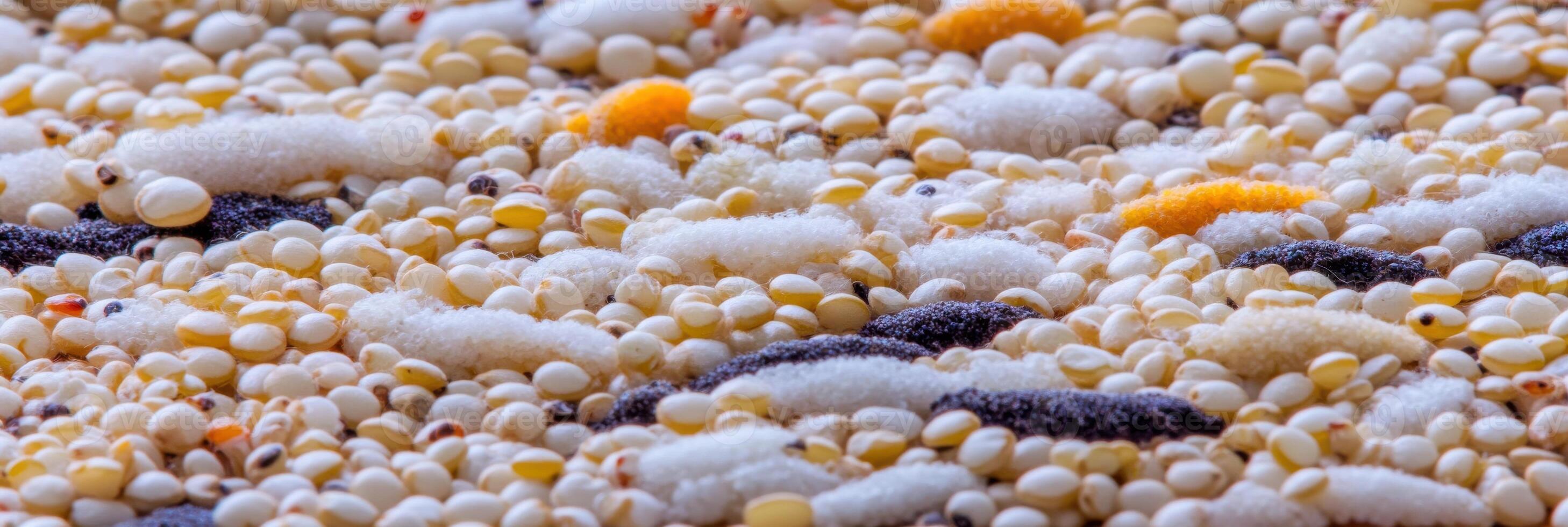 Assorted grains and seeds background with puffed millet and poppy photo