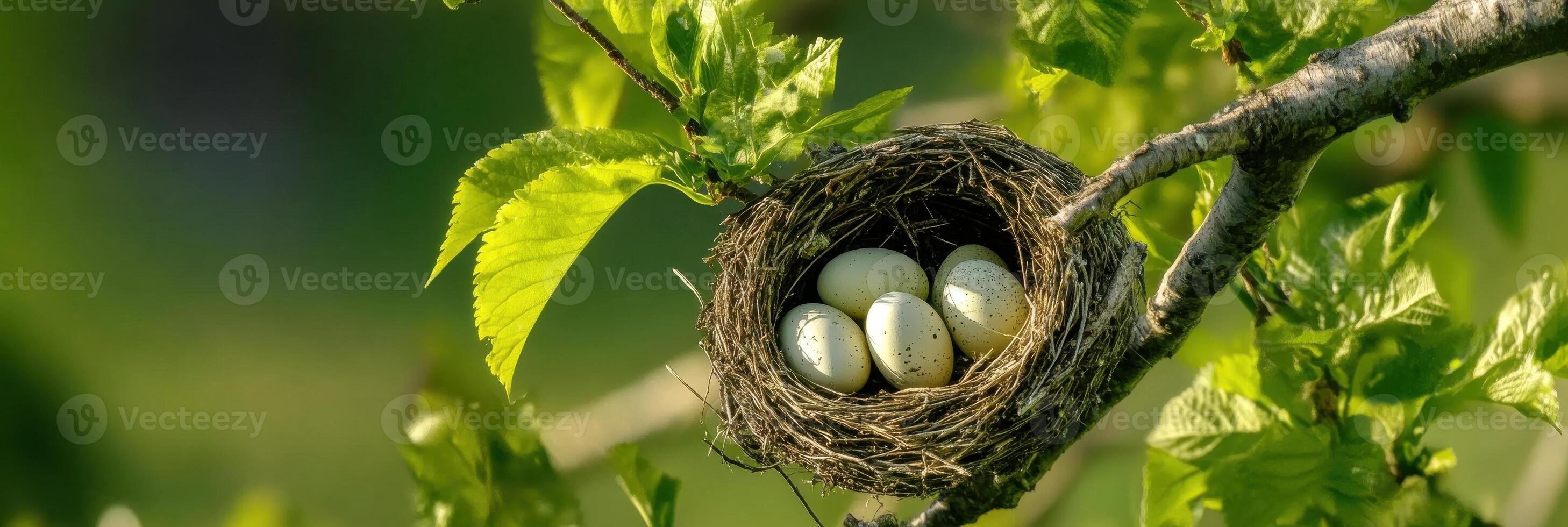 Bird nest with speckled eggs on tree branch in spring foliage photo