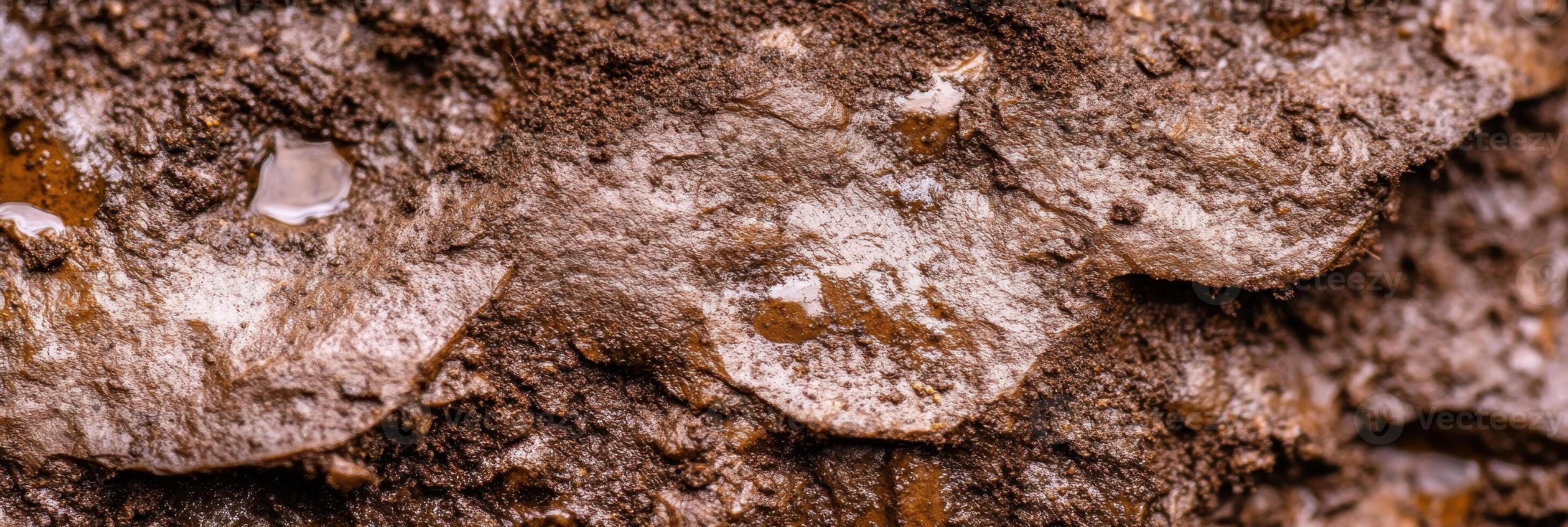 Close-up view of rough textured wet mud and clay surface with water drops photo