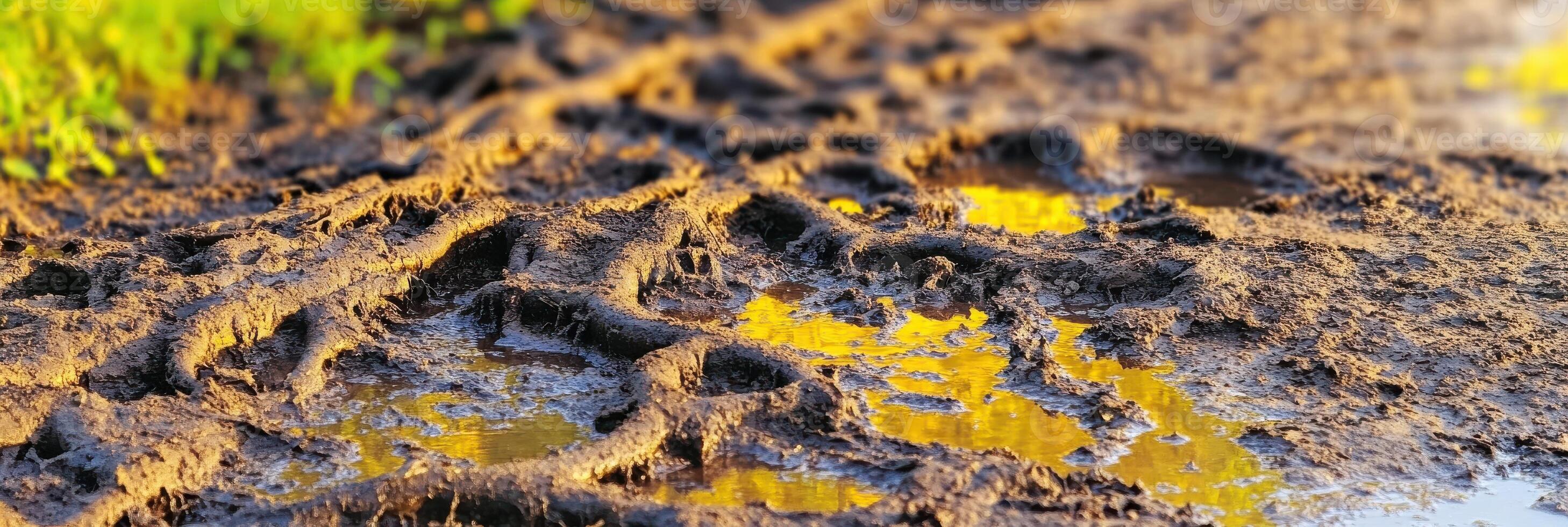 Muddy footprints trail with yellow light reflection on wet path photo