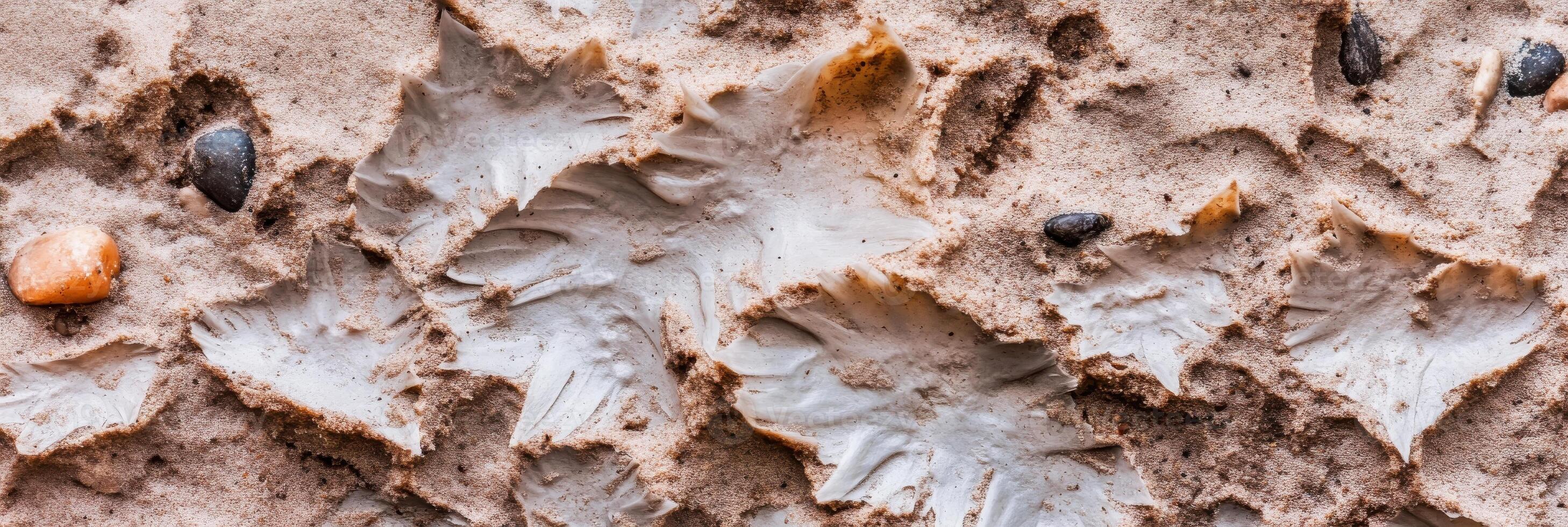 Close-up of fossilized leaves in sandy terrain showing geological patterns photo