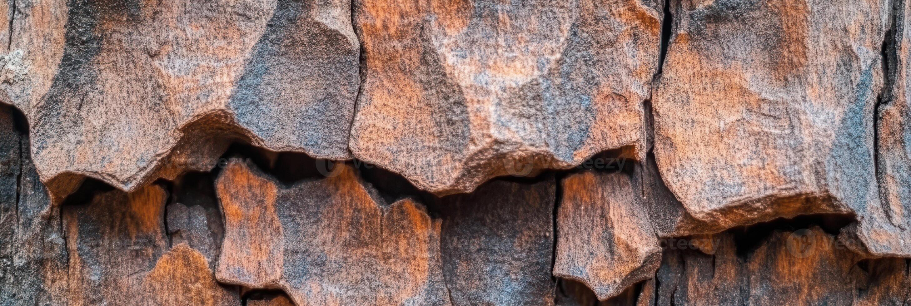 Close-up of tree bark with rugged surface pattern and natural earthy tones photo